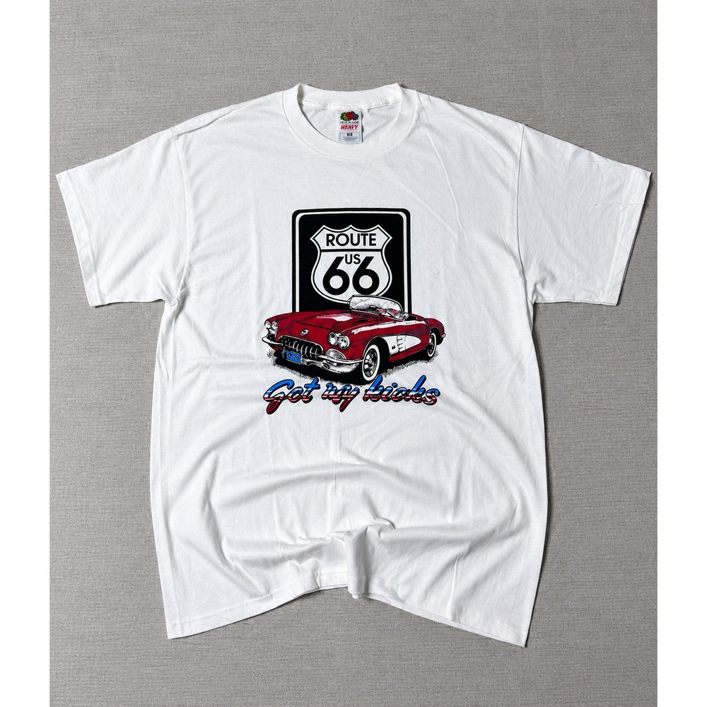 Vintage Route 66 Corvette T-Shirt Men's XL White Get My Kicks Fruit of the Loom